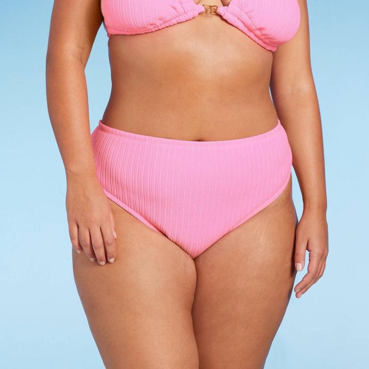 Women's Plisse Textured Mid Waist High Leg Cheeky Bikini Bottom - Wild Fable Pink X