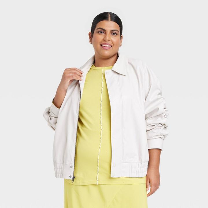 Women's Plus Size Faux Leather Bomber Jacket - Ava & Viv Cream