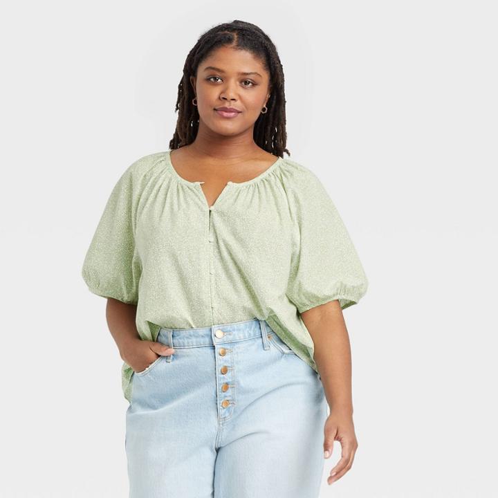 Women's Plus Size Puff Short Sleeve Button-front Blouse - Universal Thread Green Floral