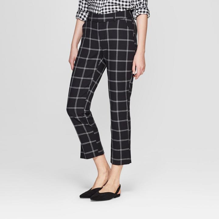 Women's Plaid Straight Leg Slim Ankle Pants - A New Day Black