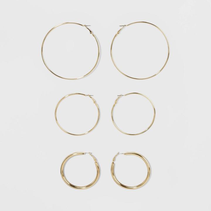 Wire And Tubular Hoop Earring Set 3ct - Wild Fable Gold, Women's