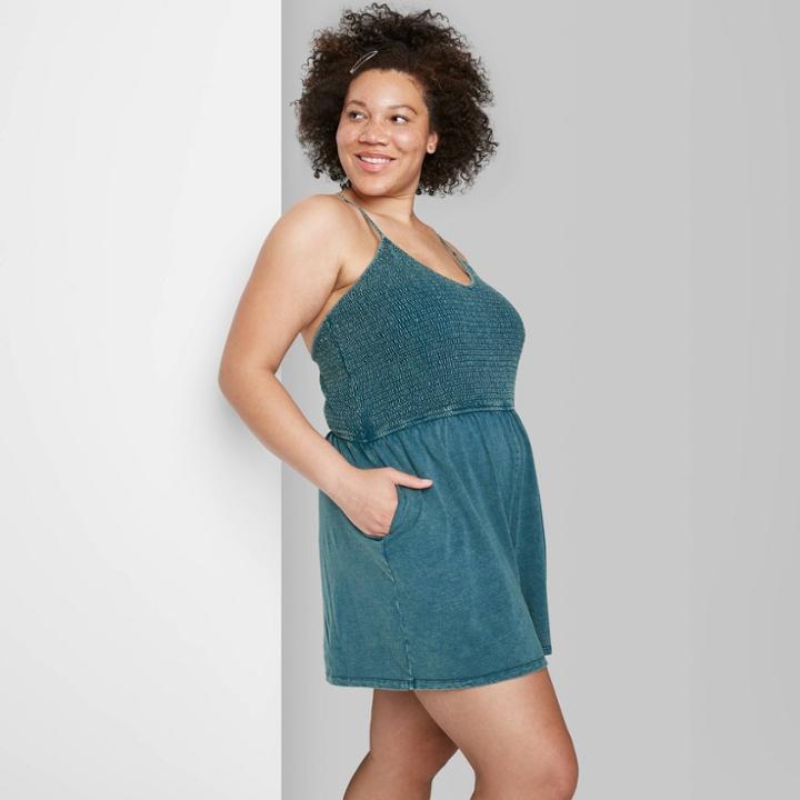 Women's Plus Size Sleeveless Smocked Top Knit Romper - Wild Fable Deep Teal