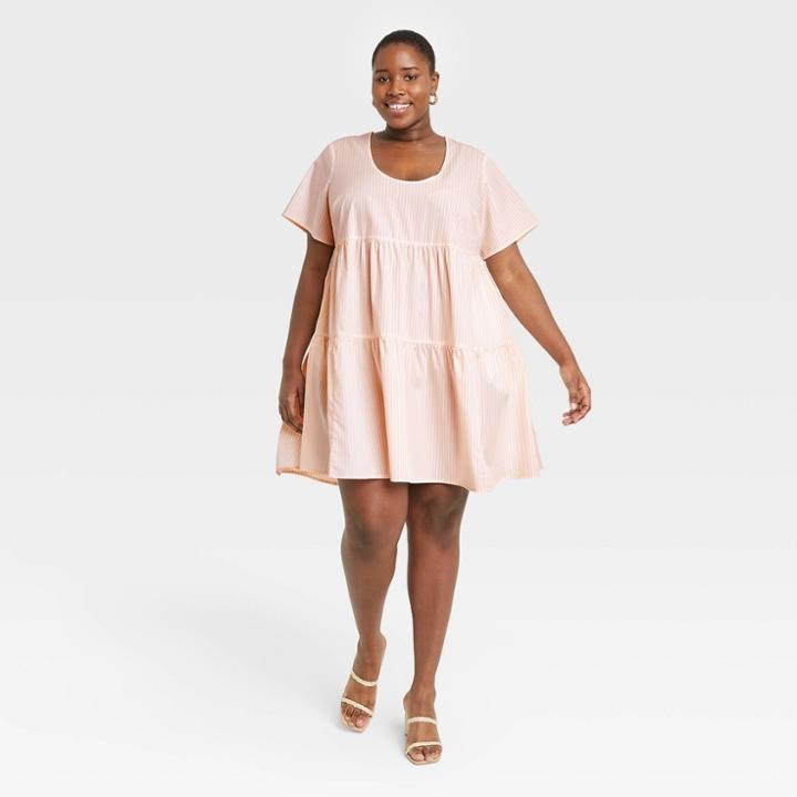 Women's Plus Size Striped Short Sleeve Tiered Dress - A New Day Orange