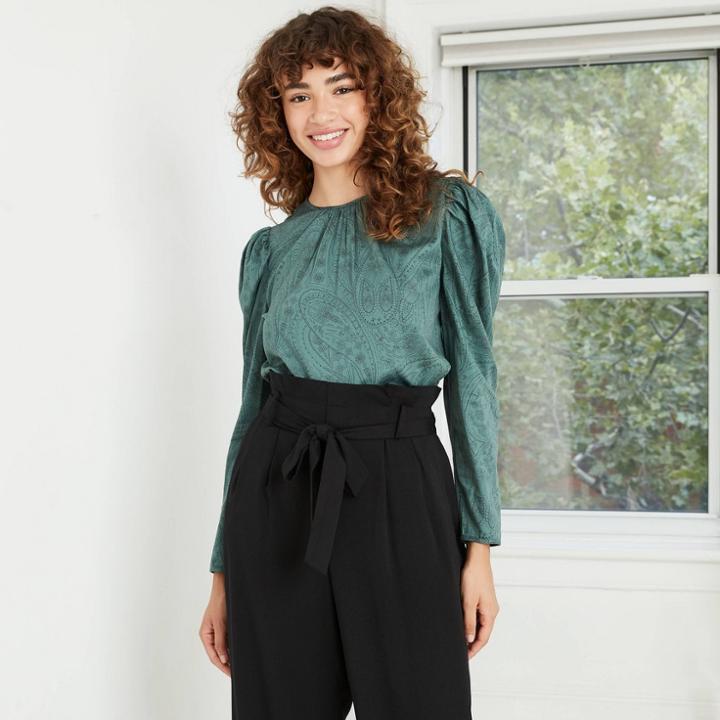 Women's Paisley Print Puff Long Sleeve Top - A New Day Green