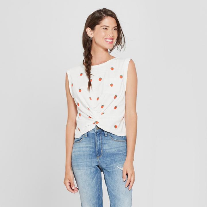 Women's Strawberry Print Sleeveless Cropped Twist Front Top - Xhilaration White
