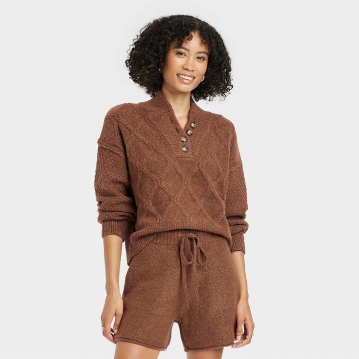 Women's Henley Neck Button-front Pullover Sweater - Universal Thread Brown