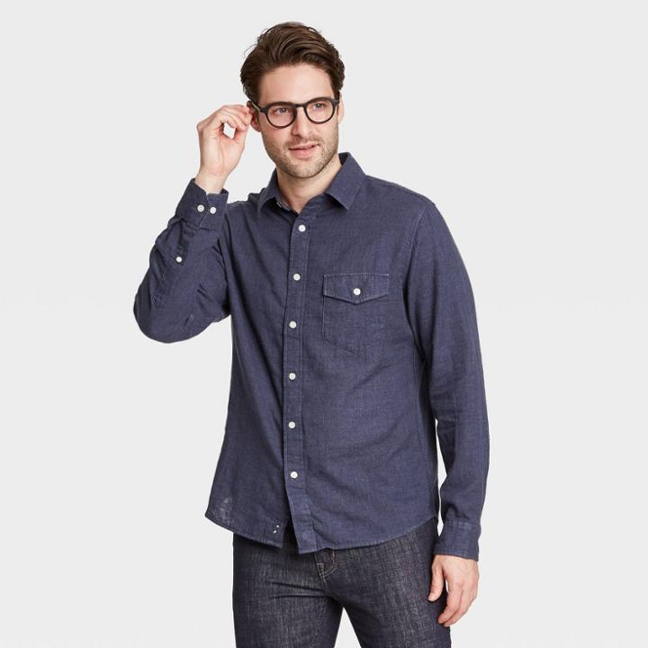 Men's Standard Fit Double Weave Long Sleeve Button-down Shirt - Goodfellow & Co Blue