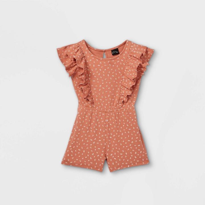 Toddler Girls' Floral Ribbed Tank Romper - Art Class Rust Orange