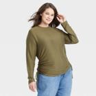 Women's Plus Size Long Sleeve Round Neck Side-tie Pullover Top - A New Day Olive Green