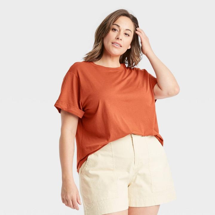 Women's Plus Size Short Sleeve Cuff T-shirt - A New Day Rust