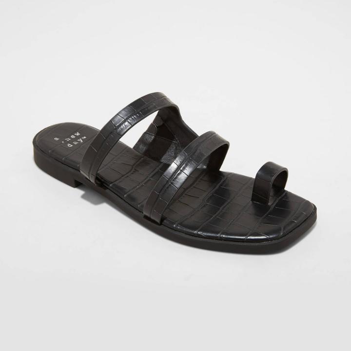 Women's Marilyn Crocodile Print Toe Loop Slide Sandals - A New Day Black