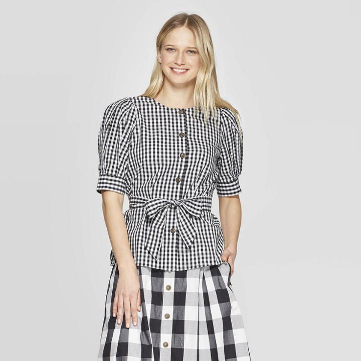 Women's Gingham Short Sleeve Crewneck Button Front Tie Waist Top - Who What Wear Black/white