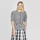 Women's Gingham Short Sleeve Crewneck Button Front Tie Waist Top - Who What Wear Black/white