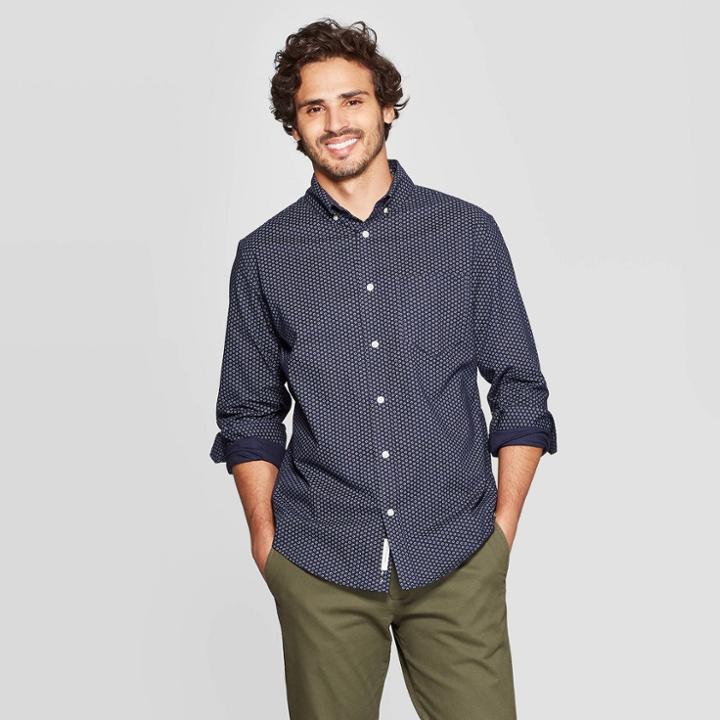 Men's Printed Standard Fit Long Sleeve Northrop Poplin Button-down Shirt - Goodfellow & Co Blue S, Men's,