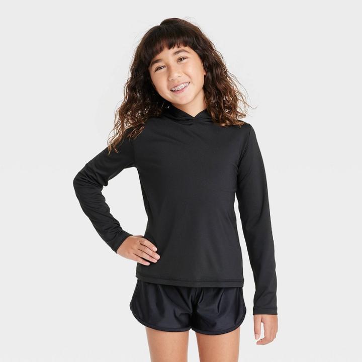 Girls' Hooded Long Sleeve Rash Guard Swim Top - Cat & Jack Black