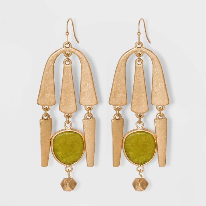 Semi-precious Lemon Green Agate Stone And Worn Gold Mobile Drop Statement Earrings - Universal Thread Green