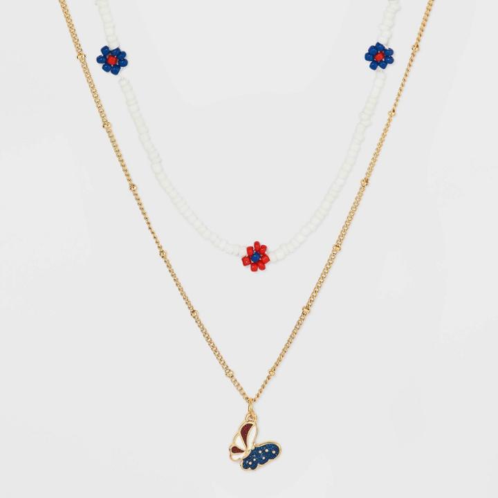 No Brand Americana Butterfly And Flower Seedbead Chain Necklace -