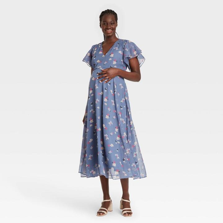 The Nines By Hatch Flutter Short Sleeve Chiffon Maternity Dress Blue Floral Print