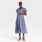 The Nines By Hatch Flutter Short Sleeve Chiffon Maternity Dress Blue Floral Print