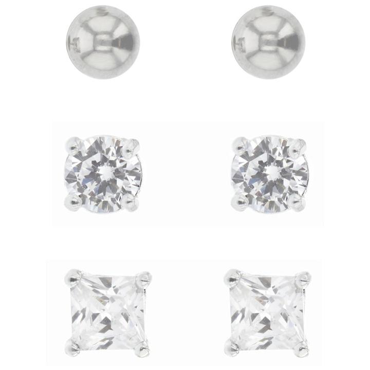 Button Sterling Ball Round And Square Earring Set 3pc - A New Day Silver/clear, White