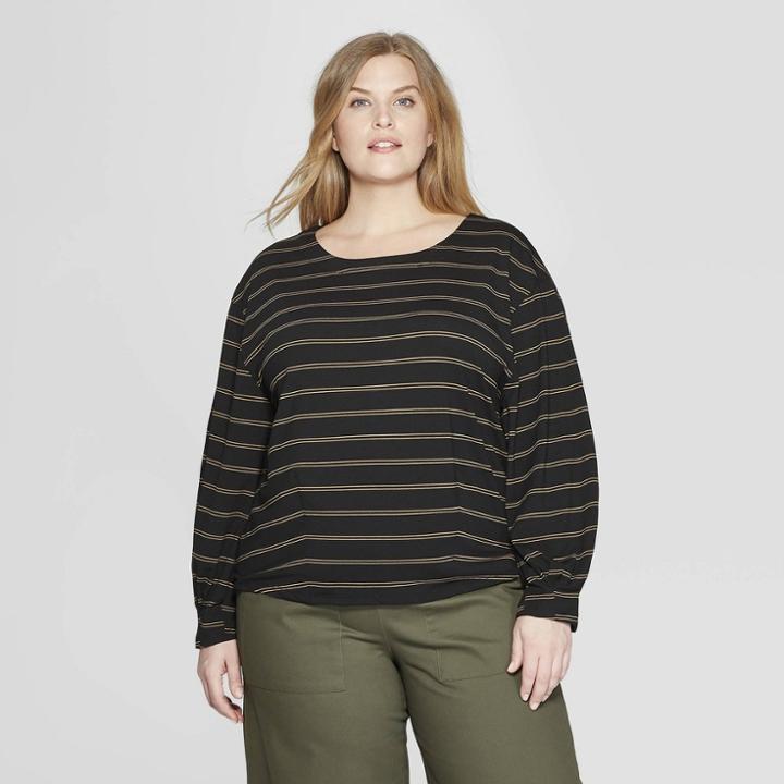 Women's Plus Size Striped Long Sleeve Crew Neck Pleated Knit Top - Prologue Black