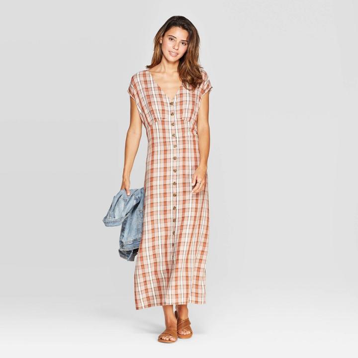 Women's Plaid Short Cap Sleeve V-neck Column Midi Dress - Universal Thread