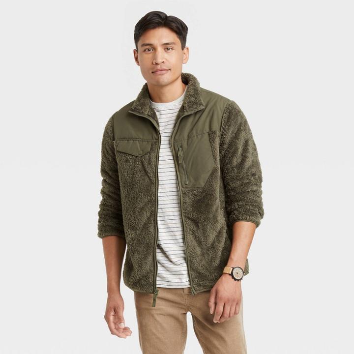 Men's Long Sleeve Faux Fur Sherpa Jacket - Goodfellow & Co Olive Green