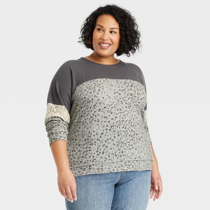 Women's Plus Size Long Sleeve Blouse - Knox Rose Heather Gray Leopard Print