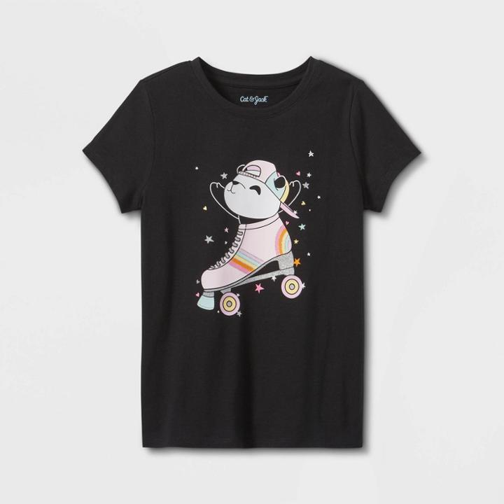 Girls' 'skating Panda' Short Sleeve Graphic T-shirt - Cat & Jack Black