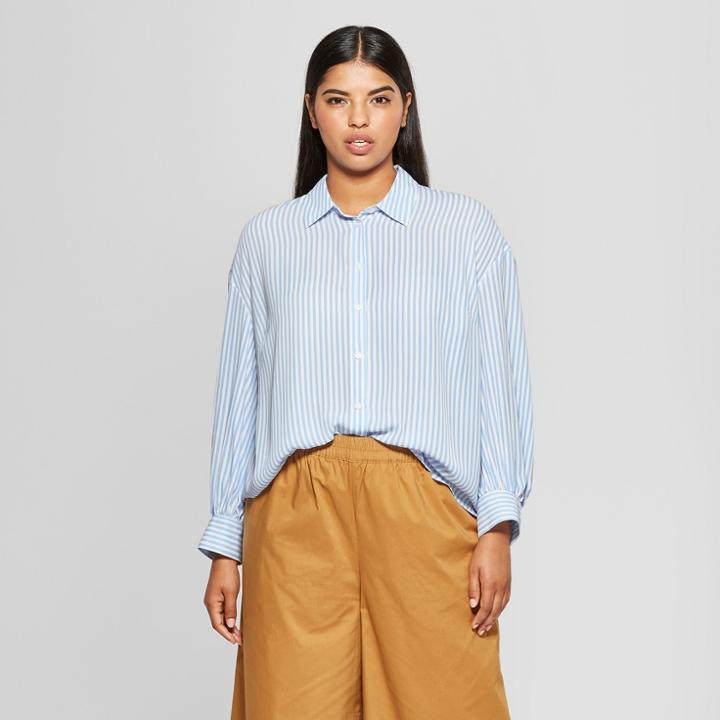 Women's Plus Size Striped Long Puff Sleeve Button-up Shirt - Who What Wear Blue/white 3x, Blue/white