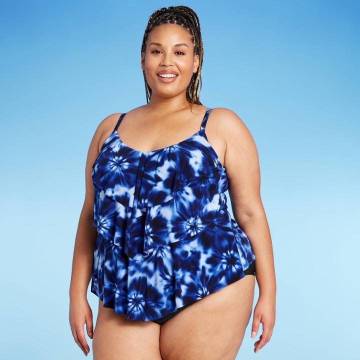 Women's Plus Size Tiered Tankini Top - Aqua Green Tie-dye