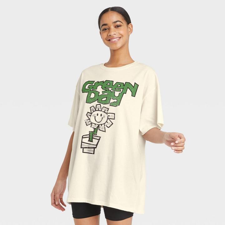 Women's Green Day Short Sleeve Graphic T-shirt Dress - Cream