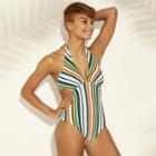 Women's Plunge Front Monokini One Piece Swimsuit - Sunn Lab Swim Multi Stripe M,
