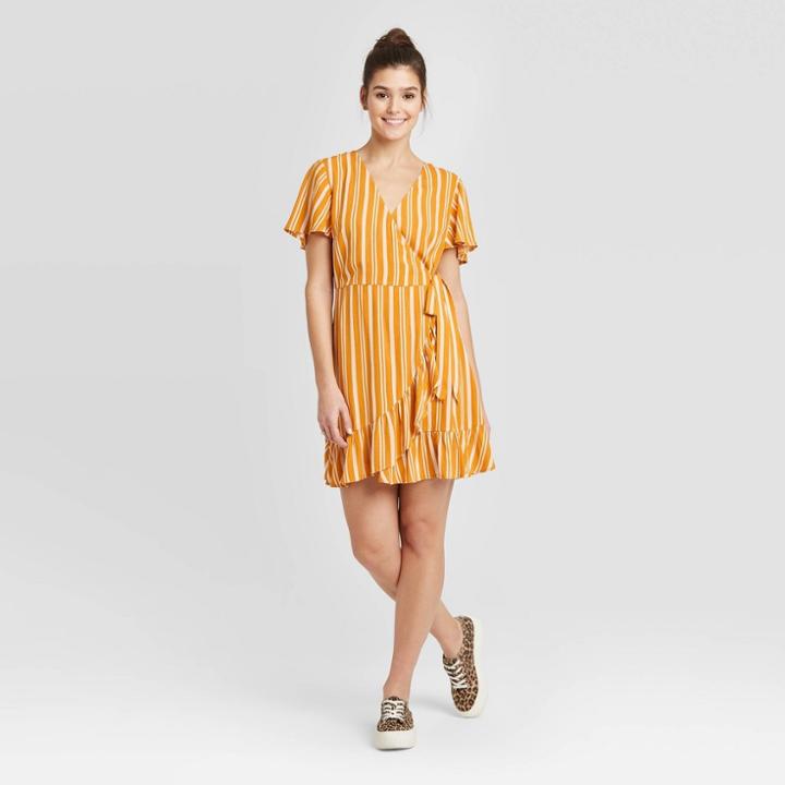 Women's Striped Short Sleeve V-neck Wrap Mini Dress - Xhilaration Mustard Xs, Women's, Gold