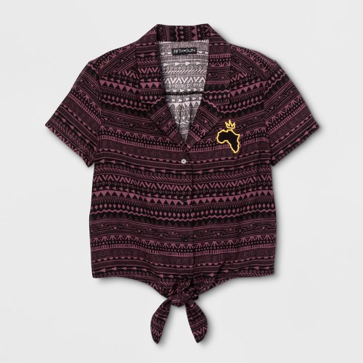 Fifth Sun Women's Short Sleeve Africa Tie Front Woven T-shirt - Black