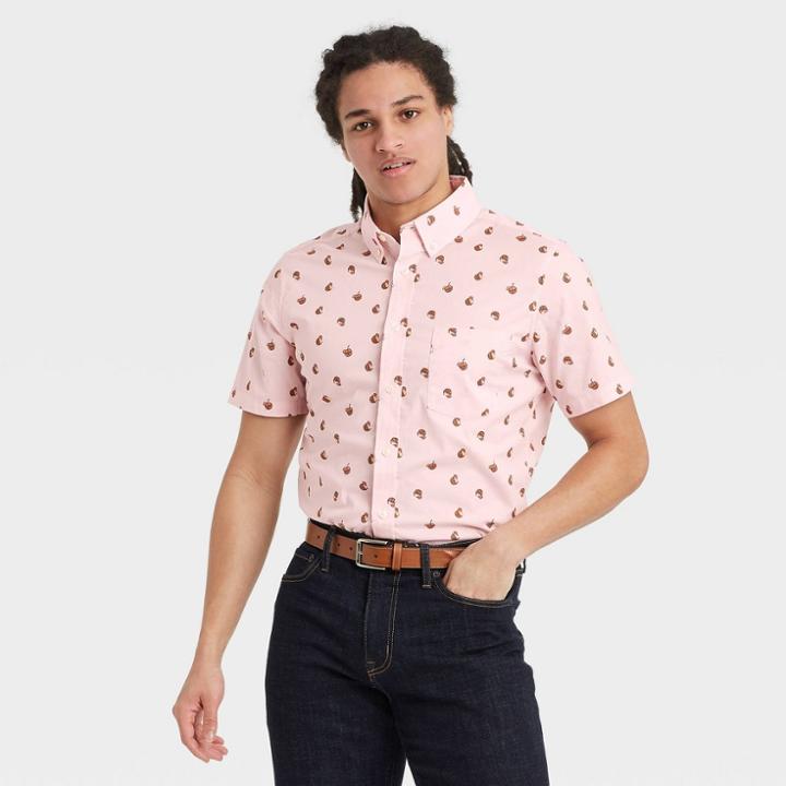Men's Printed Standard Fit Stretch Poplin Short Sleeve Button-down Shirt - Goodfellow & Co Ballet Pink
