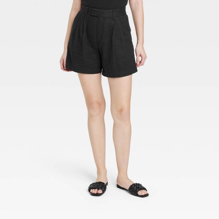 Women's High-rise Linen Tailored Shorts - A New Day Black
