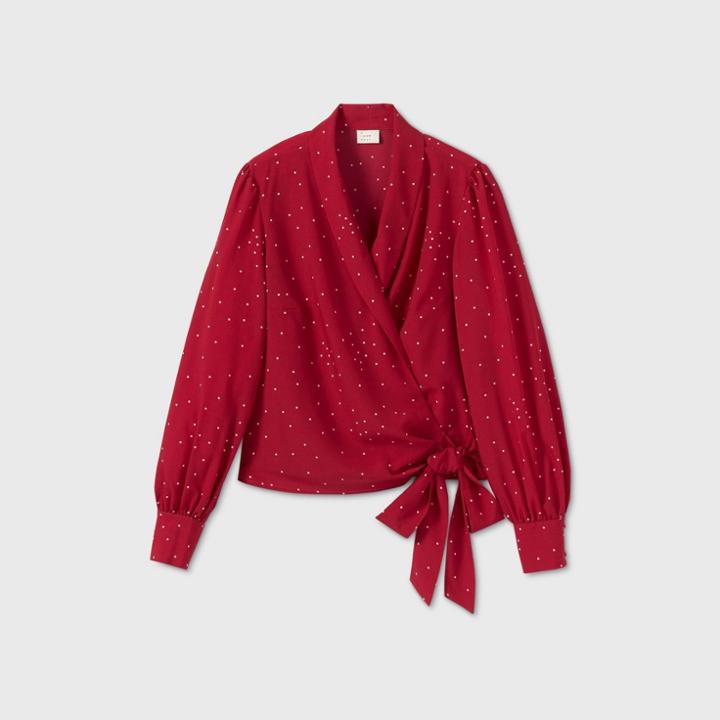 Women's Polka Dot Long Sleeve Front Wrap Blouse - A New Day Pink