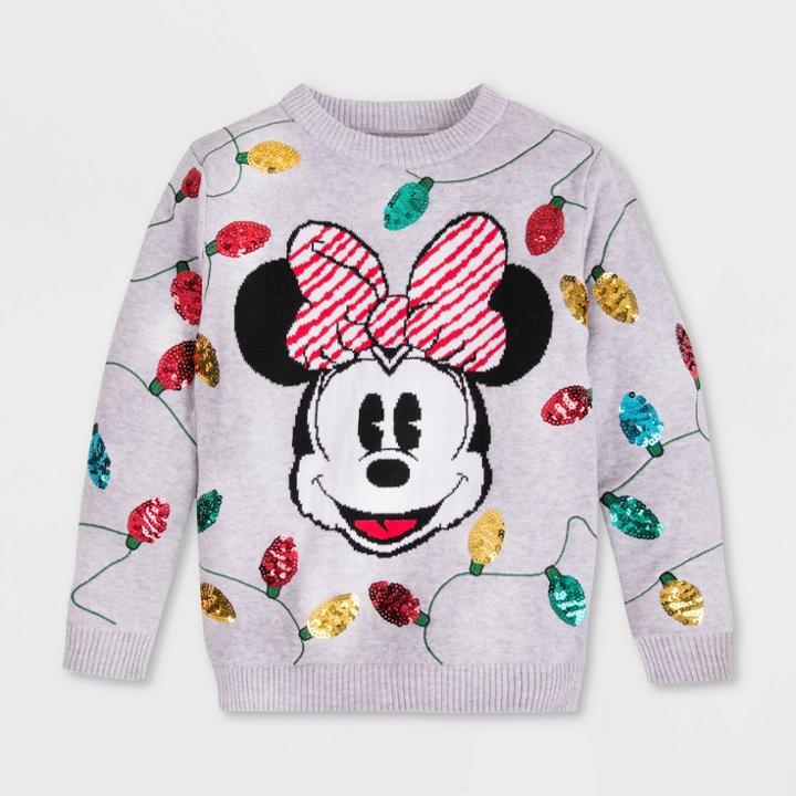 Girls' Disney Minnie Mouse Holiday Cheer Sweater - Gray 4 - Disney