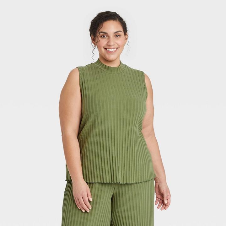 Women's Plus Size Mock Neck Ribbed Tank Top - A New Day Green