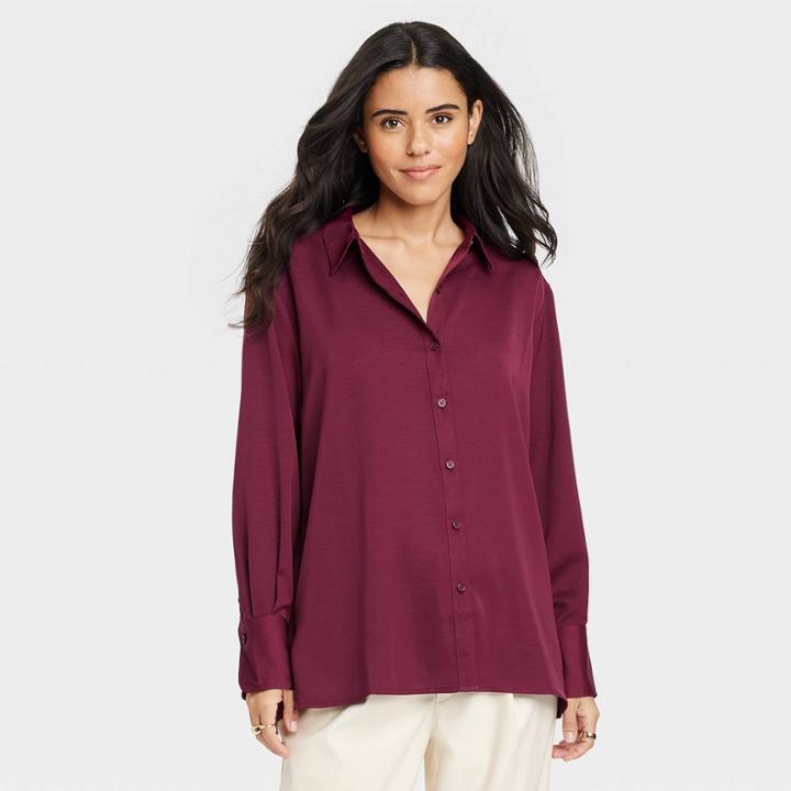 Women's Long Sleeve Satin Button-down Shirt - A New Day Burgundy