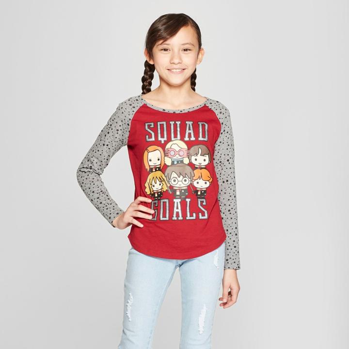 Girls' Harry Potter 'squad Goals' Long Sleeve Raglan T-shirt - Maroon/gray