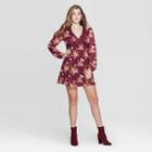 Women's Floral Print Long Sleeve V-neck Lace Trim Mini Dress - Xhilaration Burgundy Xs, Women's, Red