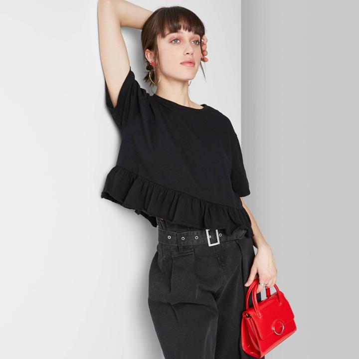 Women's Short Sleeve Cropped Peplum T-shirt - Wild Fable Black