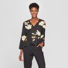 Women's Floral Print Long Sleeve Silky Wrap Top - Who What Wear Black L, Black Floral