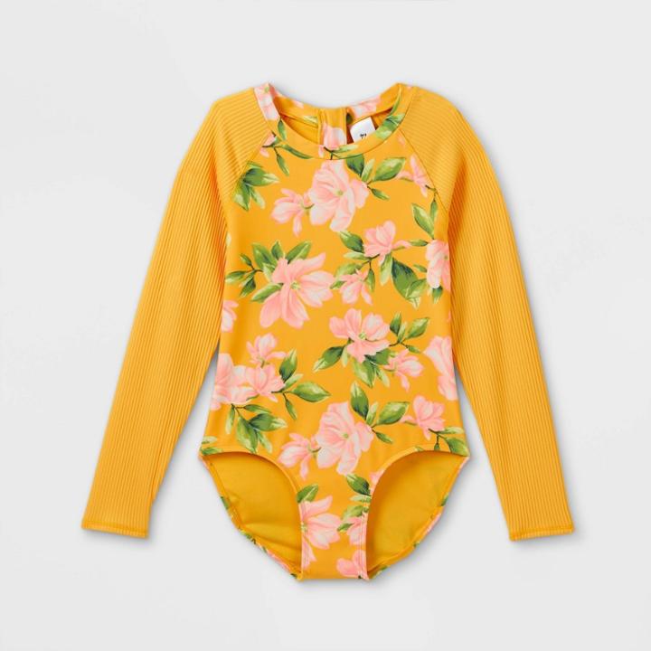 Girls' Floral Print Long Sleeve Back-zip One Piece Rash Guard - Art Class Yellow