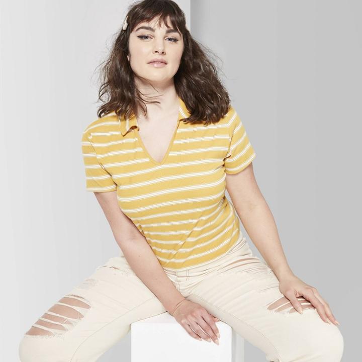 Women's Plus Size Striped Short Sleeve V-neck Polo Shirt - Wild Fable Gold