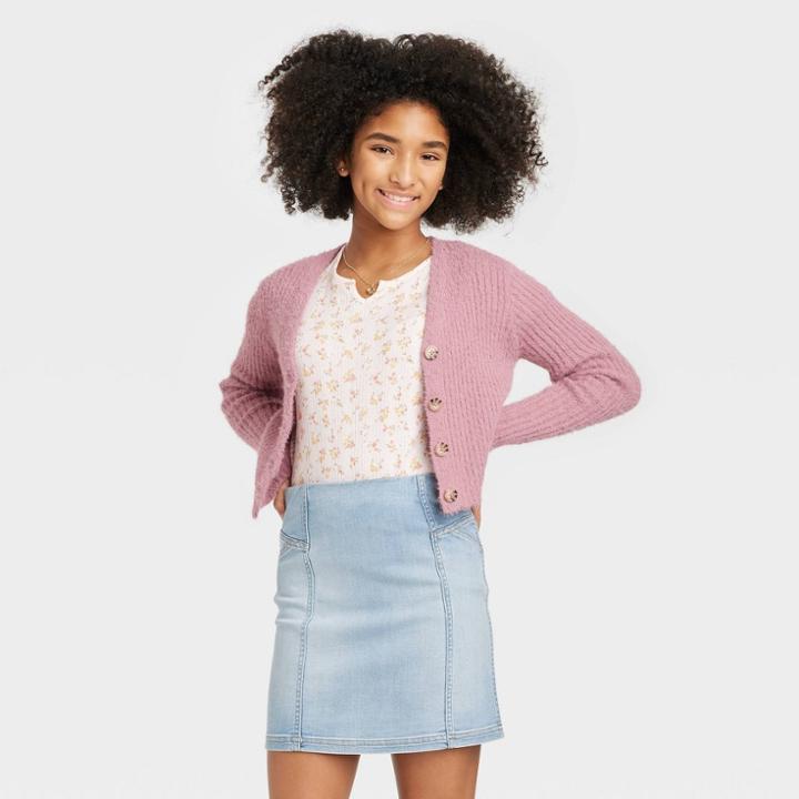 Girls' Boxy Cropped Fuzzy Cardigan - Art Class Pink