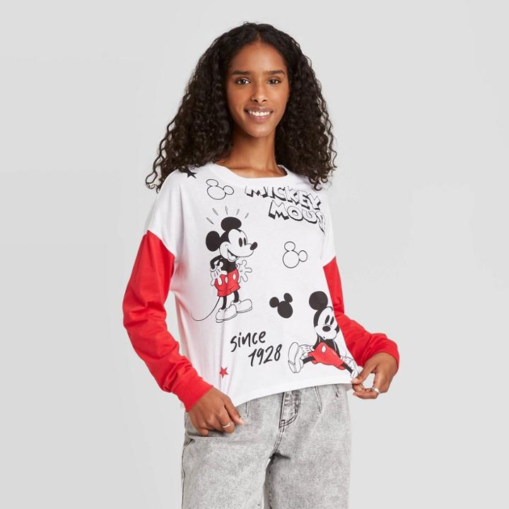 Women's Disney Mickey Cartoon Long Sleeve Graphic T-shirt - White