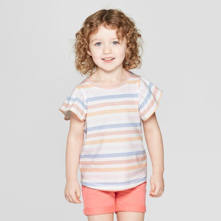 Toddler Girls' Cap Sleeve Striped Blouse - Cat & Jack White